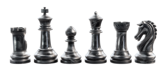 A collection of black chess pieces including king, queen, rook, and knight shown against a transparent background for strategy concepts.