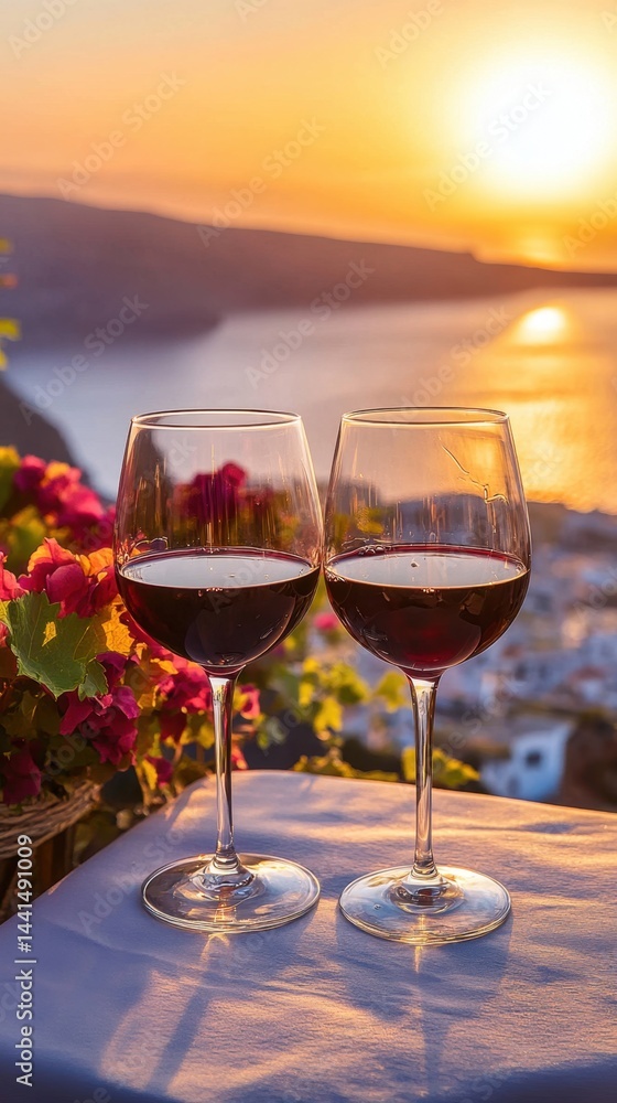 Poster captivating sunset view in santorini with two glasses of red wine creating a romantic and serene atm