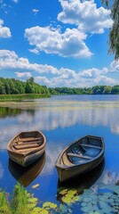 Serene lake scene with two rustic rowboats reflecting the blue sky and puffy clouds surrounded by lush greenery creating a peaceful and inviting atmosphere for nature lovers