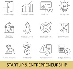 Startup & Entrepreneurship – 12 Editable Line Icons for Business Strategy and Growth  | Vector Set in AI, EPS, SVG | Designed in Adobe Illustrator	
