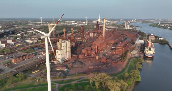 Bremen blast furnace, ironworks, on the banks of the Weze river. Steel industry. Aerial view.