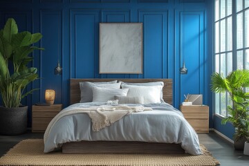 Maximalist bedroom decor featuring a serene blue wall and wooden touches for a stylish Scandinavian home