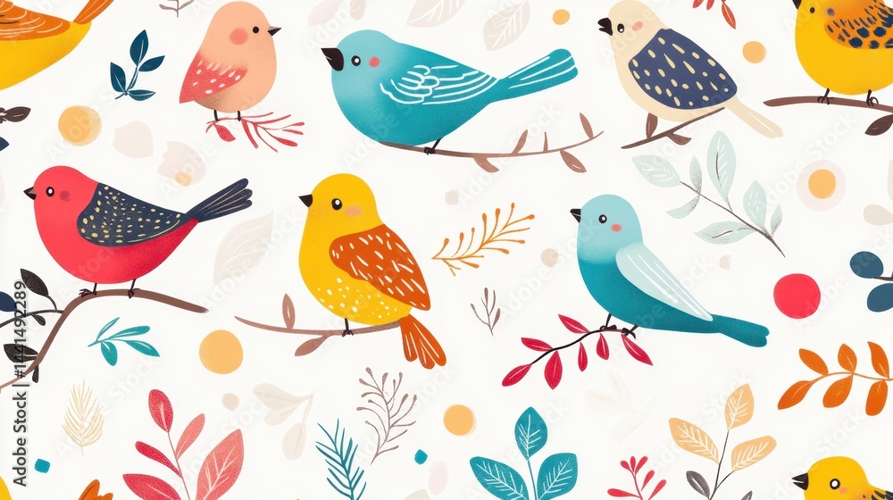 Poster cheerful bird pattern with vibrant colors and whimsical leaves on a white background creating a play