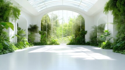 Fototapeta premium An empty modern white hall features a glass arched ceiling and lush green plants.