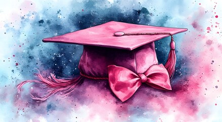 Watercolor Graduation Cap: A delicately painted watercolor illustration features a vibrant pink graduation cap, complete with a tassel and bow, set against a dreamy backdrop of blues and purples.