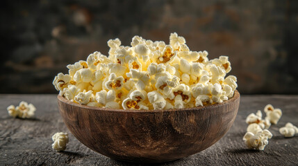Buttery popcorn in a rustic wooden bowl