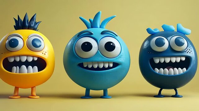 Three Cheerful Cartoon Characters with Distinctive Expressions on a Yellow Stage