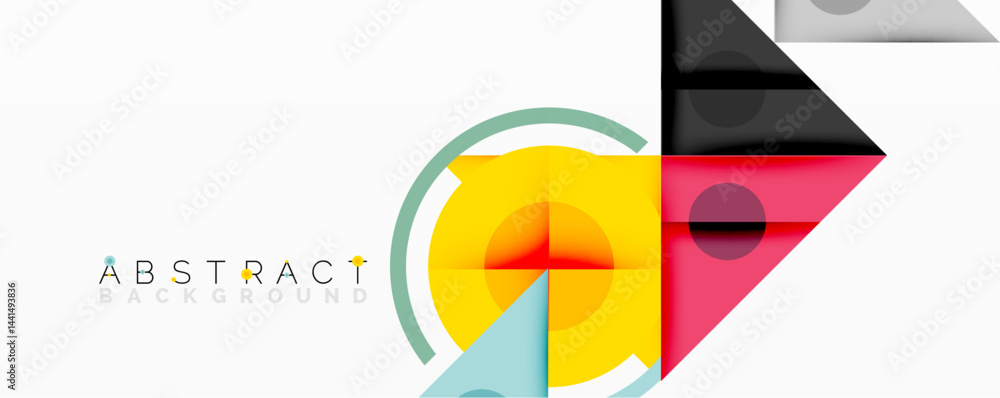 Poster bright geometric shapes overlap creating modern abstract design. yellow, red, teal, black colors dom
