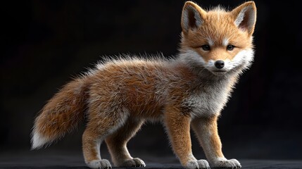 Obraz premium Realistic baby fox figurine with detailed fur and lifelike features placed on a dark background, showcasing craftsmanship and miniature animal sculpture art