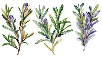 Obraz premium Watercolor depiction of aromatic rosemary sprigs on white background enhancing culinary and wellness themes with vibrant botanical illustration and delicate brushstrokes