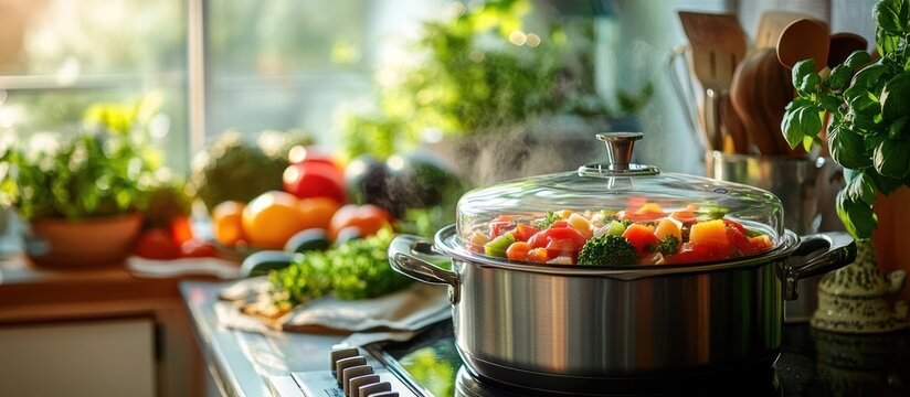Vegetables Cooking in a Pot on a Stove in a Kitchen