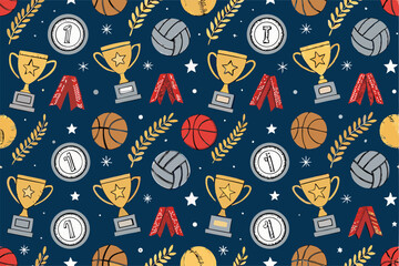 Create a vibrant, seamless vector pattern featuring diverse sports medals and balls, suitable for textile design or digital backgrounds.  Include gold, silver, bronze medals and various ball types.
