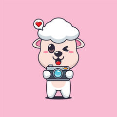 Cute sheep cartoon vector illustration with camera
