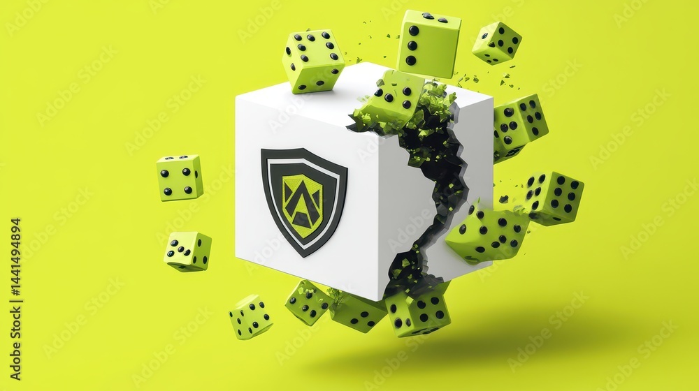 Poster exploding cube with dice and a protective symbol.