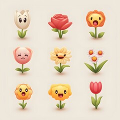 Fototapeta premium Adorable Floral Expressions: A collection of charming floral illustrations displaying a variety of emotive faces and styles, designed to convey a range of emotions