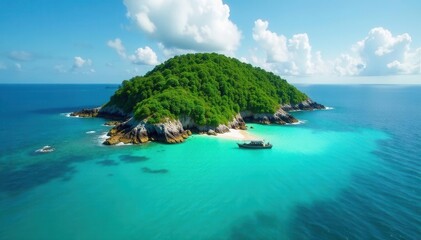 Fototapeta premium Lush green island, turquoise ocean, secluded beach , stock photo, palm trees, sand