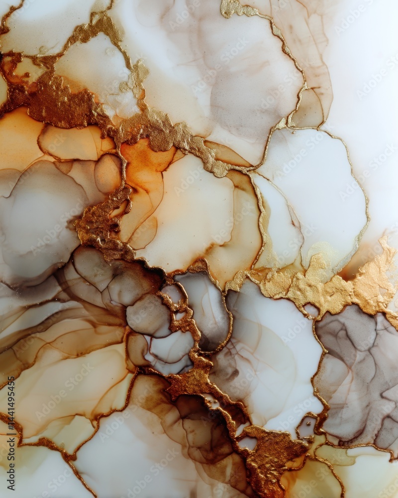 Poster ethereal fluid art with golden accents on a white backdrop creating a luxurious and captivating visu
