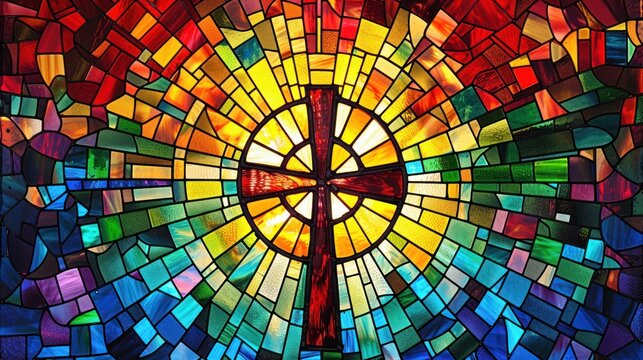 Colorful stained glass window featuring a dark cross at the center with radiant yellow, red, blue, and green geometric patterns emitting light and warmth - Powered by Adobe