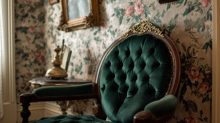 Victorian style living room chair in dark green velvet fabric
