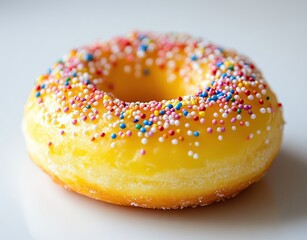 Bright yellow doughnut adorned with colorful sprinkles invites sweet indulgence on a clean white backdrop