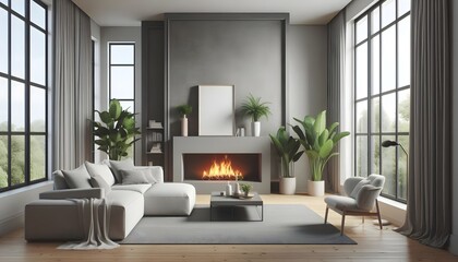 A contemporary Scandinavian-inspired living room featuring a light gray sofa, a warm fireplace accent wall, and houseplants flourishing near large tall windows in a serene and minimalist design.