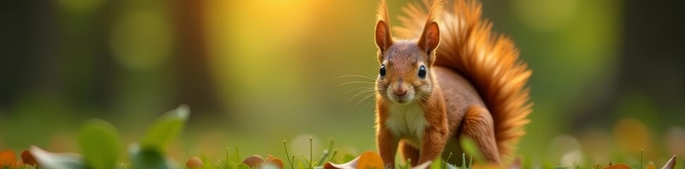 Obraz premium Curious red squirrel looking directly at camera with ears perked up, critter, nature, nut