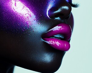 Iridescent makeup, glossy lips, close-up