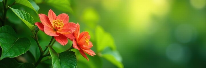 Fototapeta premium Lush green leaves & vibrant blooms, soft focus, illustration, subtle, bright