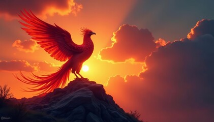 An awe-inspiring representation of a mythical phoenix rising from the ashes against a vibrant sunset backdrop, phoenix, legend, vibrant