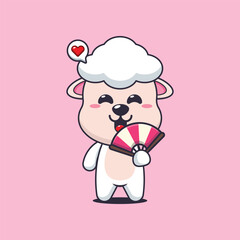 Cute sheep cartoon vector illustration with hand fan