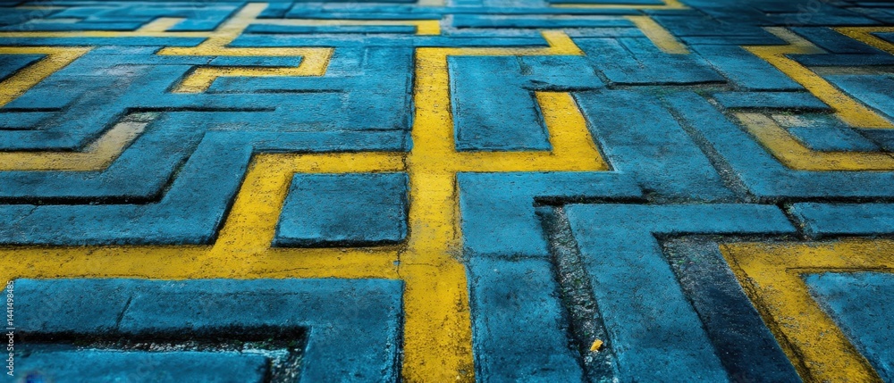 Poster geometric blue and yellow pavement pattern creating a maze like design on a textured surface urban l