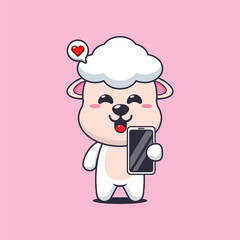 Cute sheep cartoon vector illustration with mobile phone