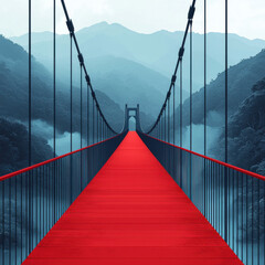 Obraz premium stunning red bridge spans misty valley, surrounded by mountains