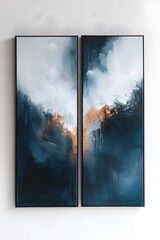 Abstract Dual Canvas Artwork: Dramatic abstract art on two canvas panels, each featuring a moody, textured landscape of blues and copper tones, creating a striking diptych effect.