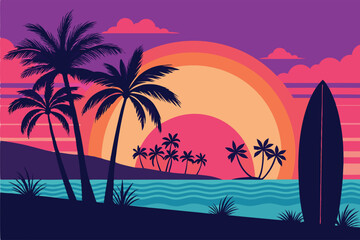 Create a stylized illustration of a vibrant beach sunset, featuring silhouetted palm trees and a surfboard, emphasizing bold colors and graphic shapes.