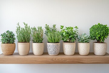 Fototapeta premium Stylish home garden display featuring an array of elegant plants in patterned pots on a wooden shelf