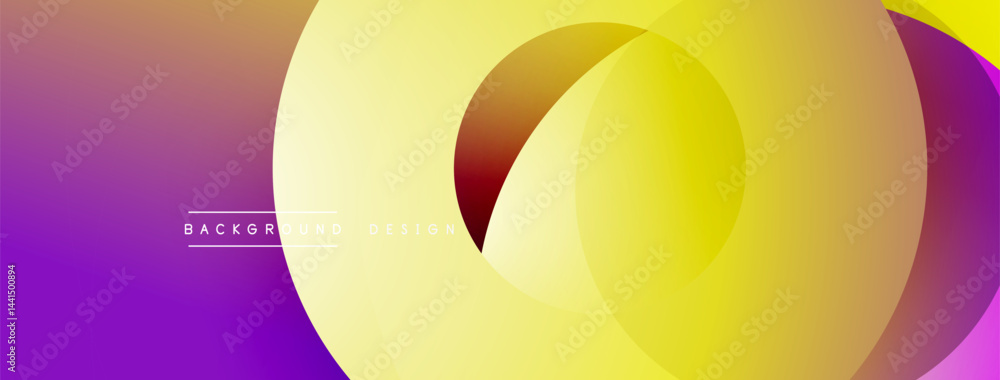 Poster Abstract gradient background. Overlapping circles create dynamic visual effect. Purple, yellow, brown hues dominate composition. Modern design element.