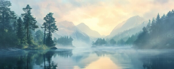 Fototapeta premium Misty lake nestled amongst mountains at dawn