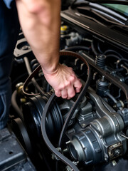 Obraz premium Mechanic adjusting a timing belt on a vehicle engine during preventive maintenance