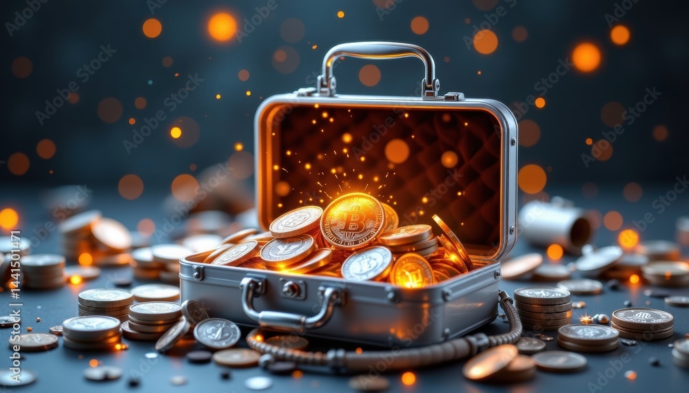 Poster assessment wealth concept. a shiny briefcase overflowing with glowing coins and bokeh lights.