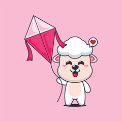Cute sheep cartoon vector illustration playing kite