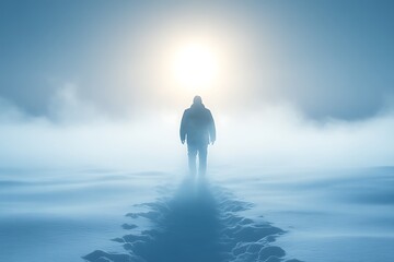 Silhouette of a person walking through a snowy landscape.