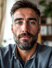 Fototapeta premium Intense Portrait of Handsome Bearded Man Looking at Camera