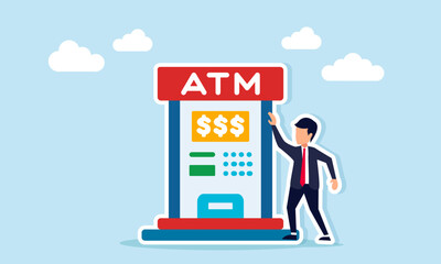 Businessman standing next to an ATM, illustration of maintaining financial stability through saving and investing for long-term growth and security