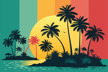 Create a vibrant, stylized illustration of a tropical summer island paradise featuring lush palm trees, turquoise water, and a white sandy beach.