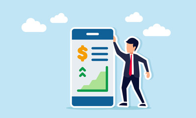 Businessman standing next to an application interface showing dollar signs and a chart, illustration of monitoring and analyzing business financial conditions