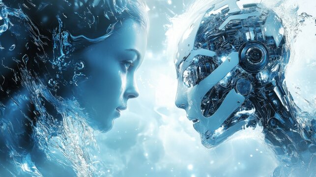 With cascading blue water, a human and a robot face off in an ethereal setting