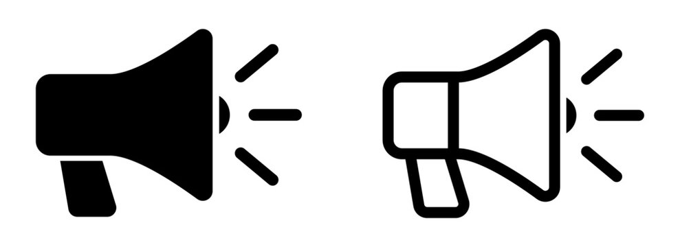 Set of vector megaphone icons in solid and outline styles. Useful for announcements, alerts, marketing, and communication graphics. Editable design for web or print use. Megaphone, icons.