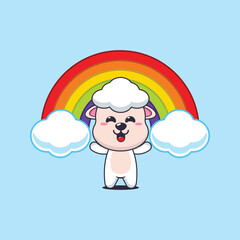 Cute sheep cartoon vector illustration with rainbow