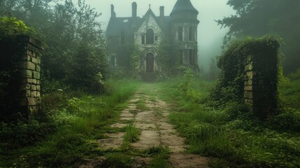 Obraz premium Enigmatic Abandoned Mansion in a Foggy Forest